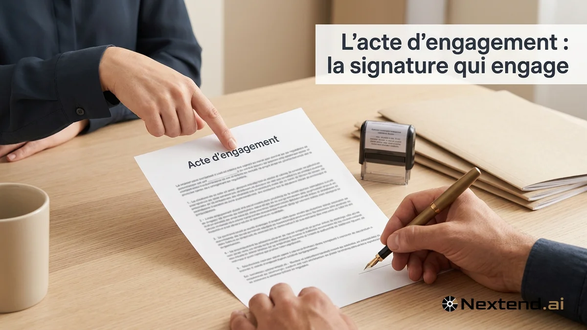 Deux mains se rejoignent au-dessus d'un acte d'engagement imprimé, stylo plume doré prêt à signer sur un bureau en bois clair