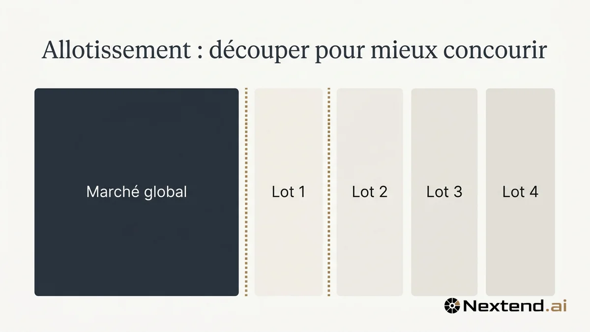 Schéma d'allotissement découpant un grand bloc marché global en quatre lots inégaux séparés par un trait pointillé
