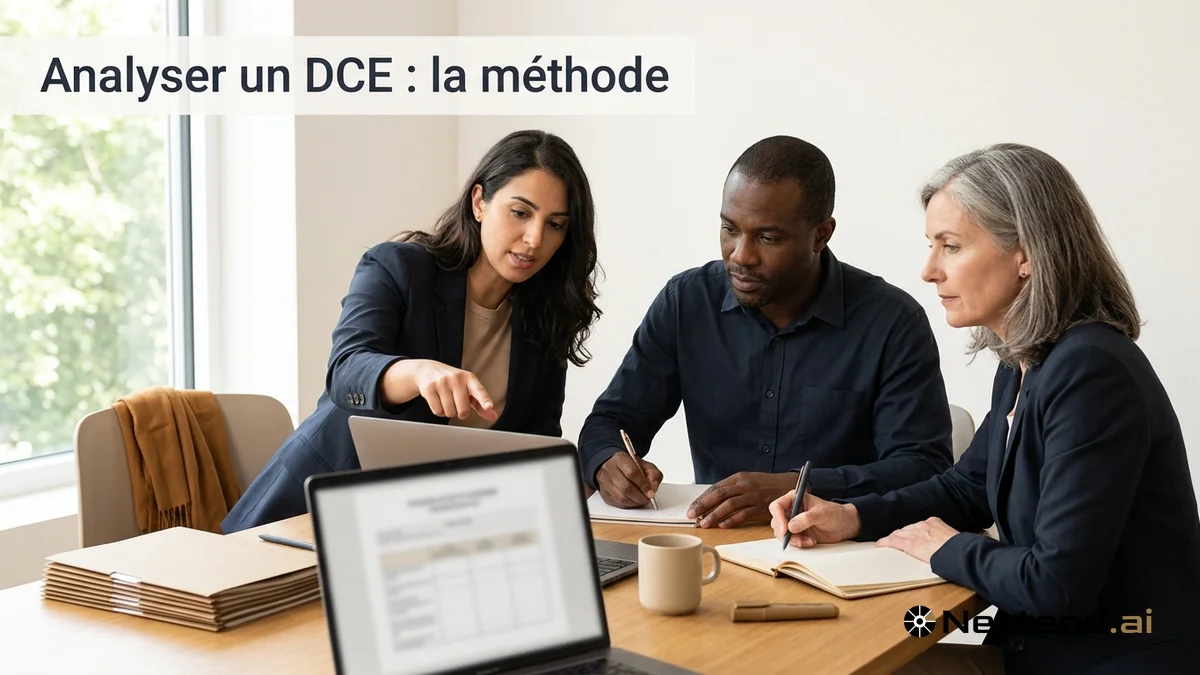 Trio de professionnels penchés sur un ordinateur portable pour analyser un DCE autour d'une table de réunion