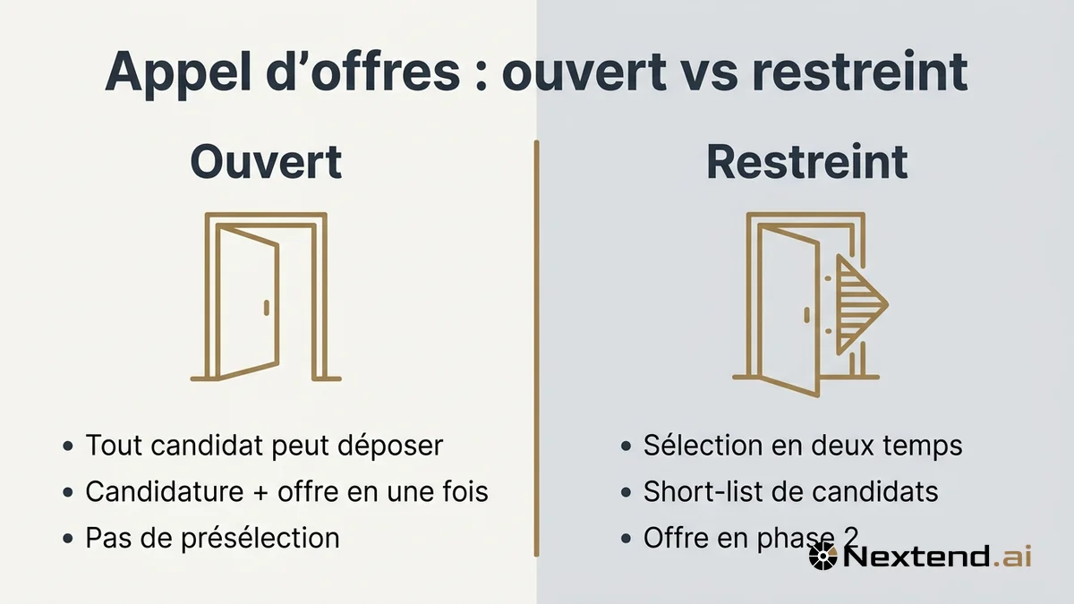 Infographie comparative split-screen opposant appel d'offres ouvert et restreint avec icônes de portes symboliques