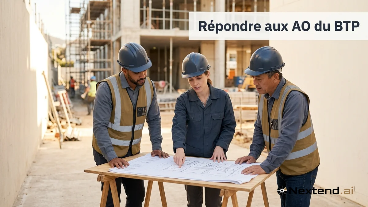 Chef de chantier, ingénieure et conducteur de travaux consultent un plan papier sur un chantier BTP en extérieur