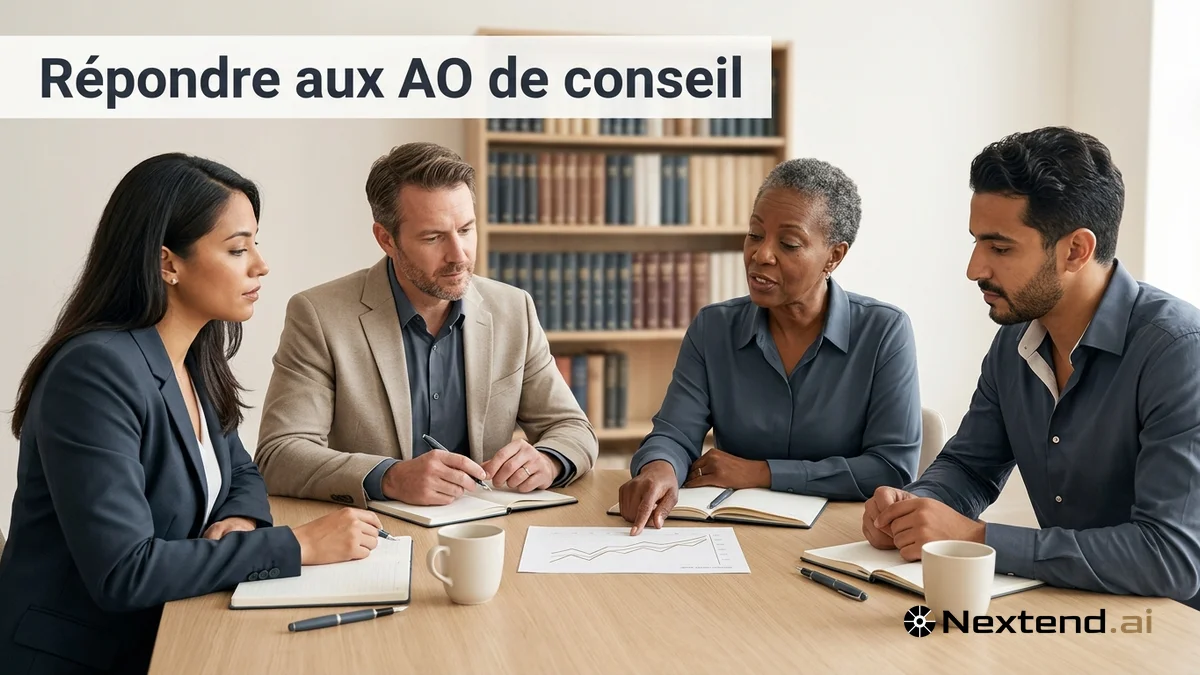 Quatre consultants analysent un graphique imprimé autour d'une table de réunion dans un cabinet conseil