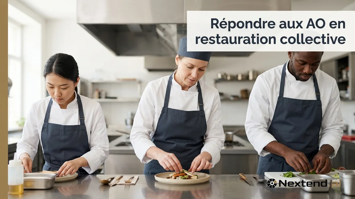 Cheffe et deux commis dressent et préparent des plats dans une cuisine de restauration collective professionnelle