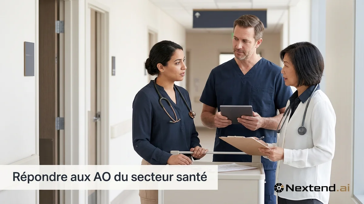 Trois soignants en blouse échangent devant un chariot de soins dans le couloir clair d'un établissement de santé