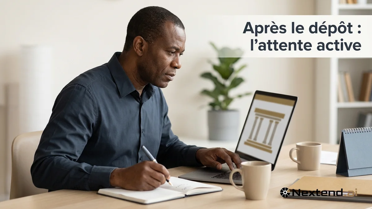Professionnel concentré devant son ordinateur portable vérifie le statut de sa candidature et note la date dans un carnet