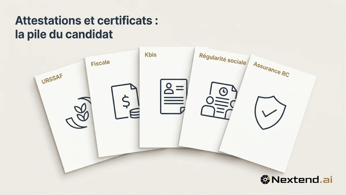 Infographie en éventail de cinq attestations A4 étiquetées URSSAF, fiscale, Kbis, régularité sociale et assurance RC