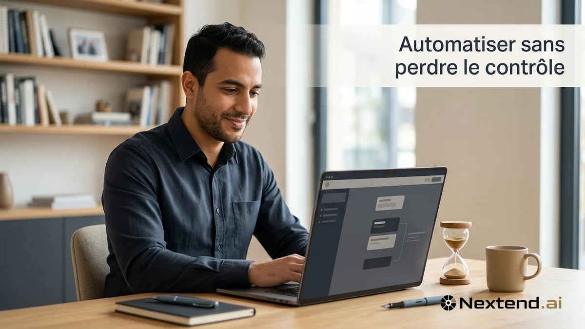 Professionnel détendu à son bureau devant un écran abstrait représentant un traitement automatisé, sablier à côté