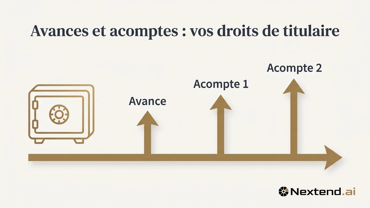 Ligne de temps horizontale jalonnée de trois flèches marquant l'avance et les acomptes dans la vie d'un marché public