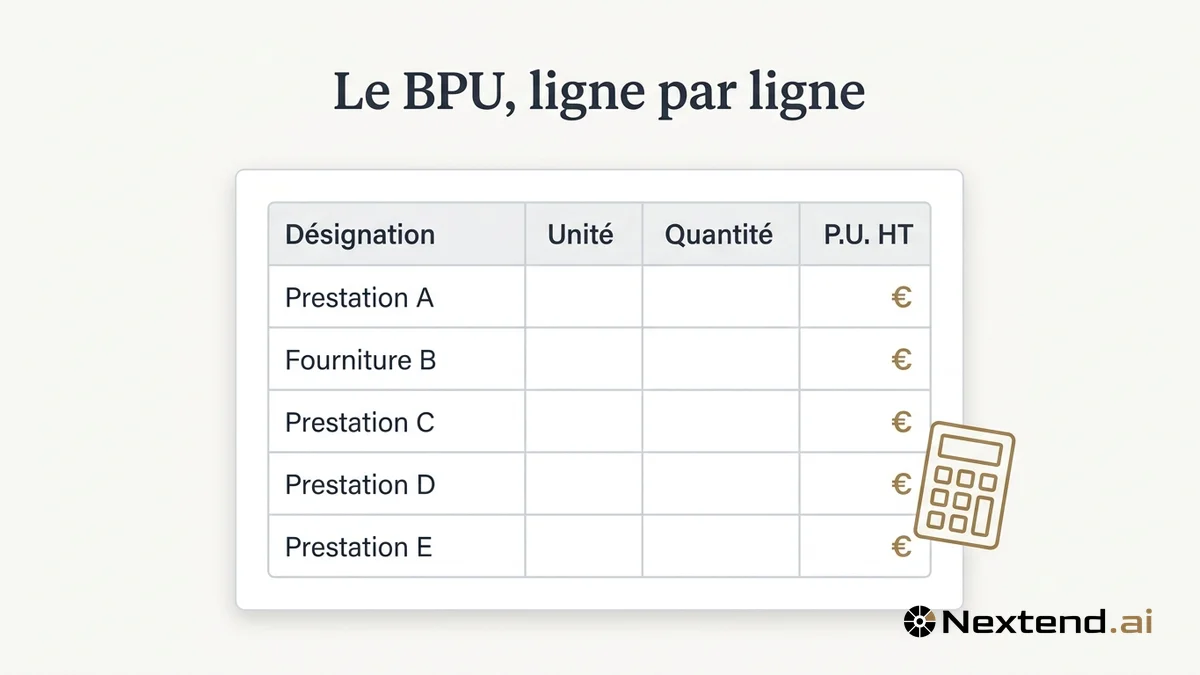 Mockup d'un BPU stylisé avec colonnes désignation, unité, quantité et prix unitaire HT aux côtés d'une calculatrice