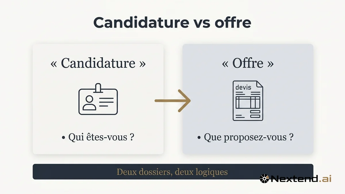Deux cartes reliées par une flèche opposant la candidature au dossier d'offre en marché public