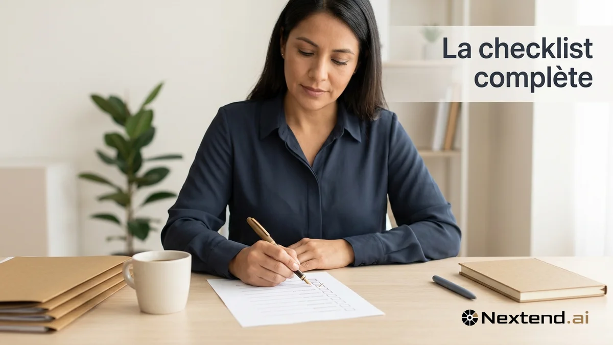 Responsable d'offres coche une ligne de sa checklist papier au stylo plume sur un bureau rangé