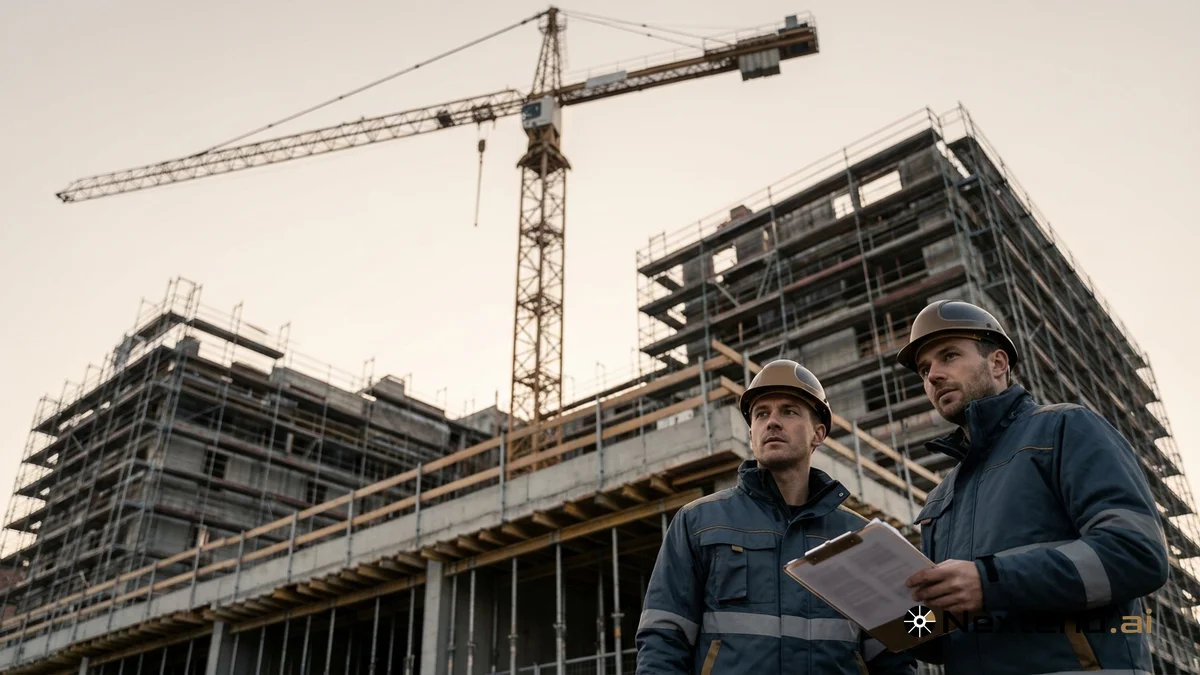 Chantier de construction de logements en fin de journée, grue et échafaudages, deux ouvriers au premier plan