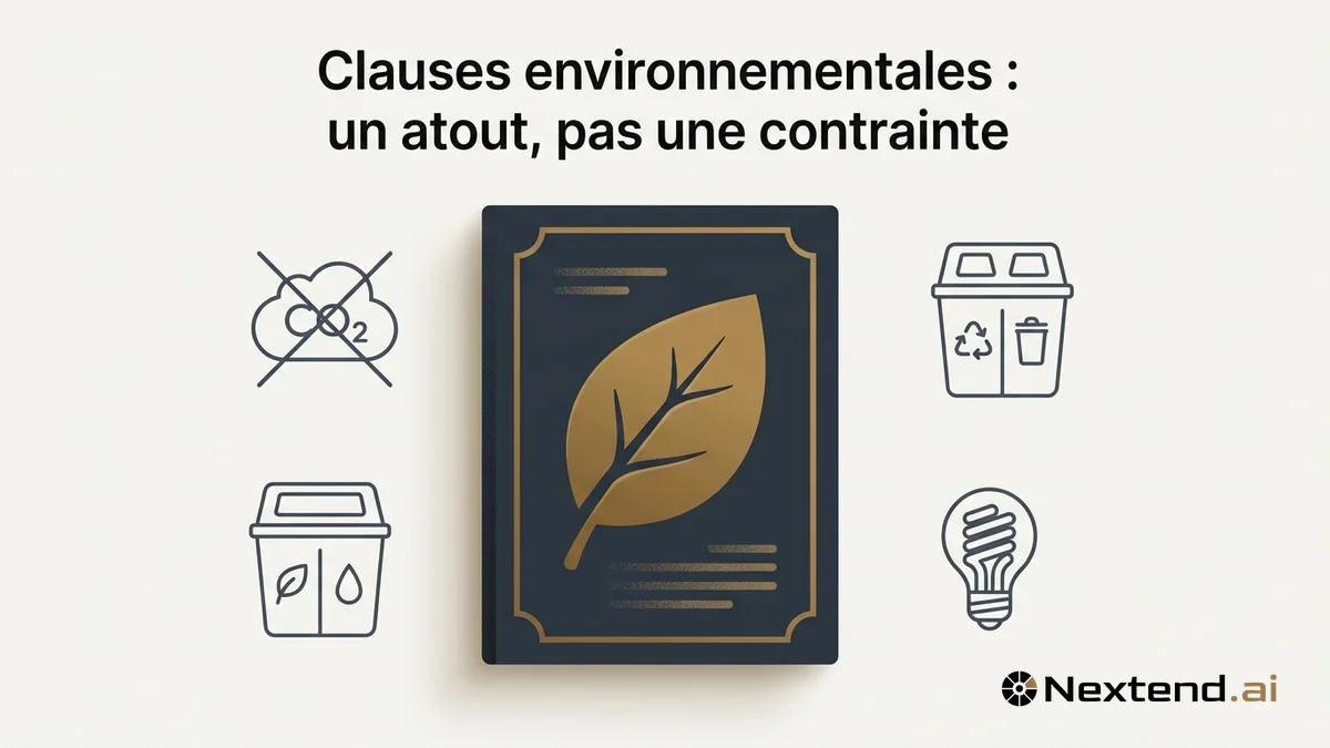 Illustration d'une feuille stylisée encadrée par un article de loi et trois pictos CO2, tri et économie d'énergie