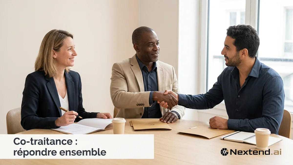 Trois dirigeants de PME scellent une co-traitance par une poignée de main autour d'un dossier de candidature commune