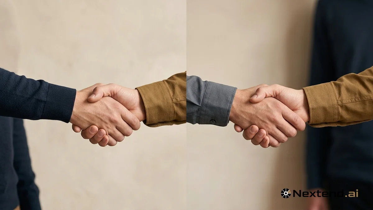 Deux poignées de main côte à côte sur fond clair, symbole de la co-traitance et de la sous-traitance