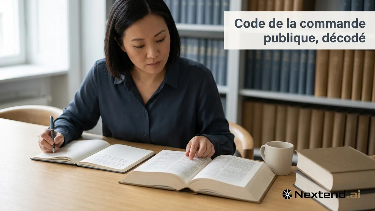 Juriste consulte un gros code imprimé ouvert sur une table de bibliothèque, doigt posé sur un article, carnet à côté