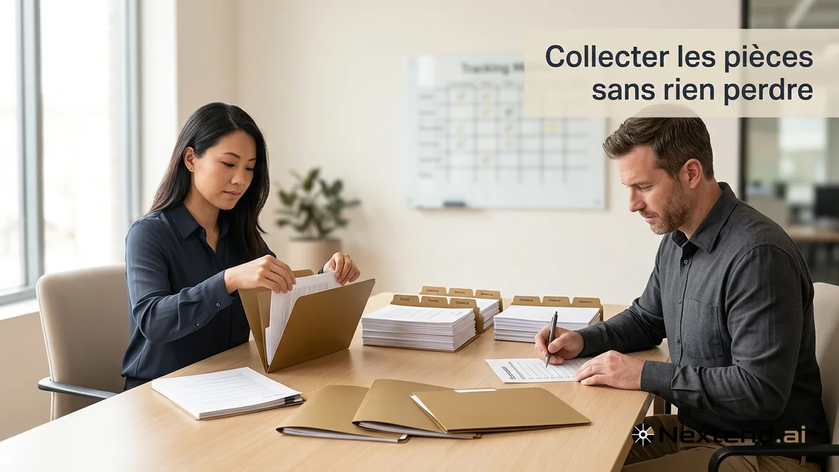 Duo classe et coche des documents répartis dans des pochettes cartonnées étiquetées entre co-traitants