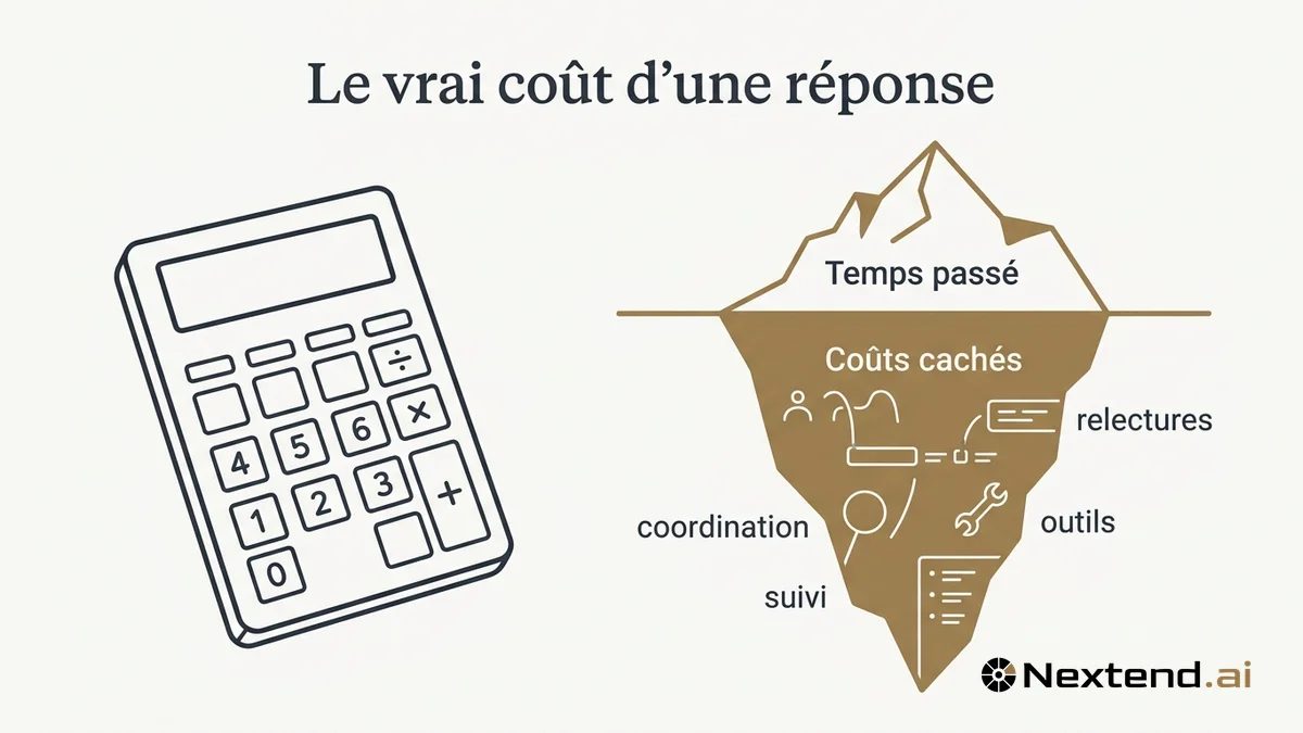 Calculatrice stylisée accompagnée d'un iceberg illustrant les coûts cachés d'une réponse à appel d'offres