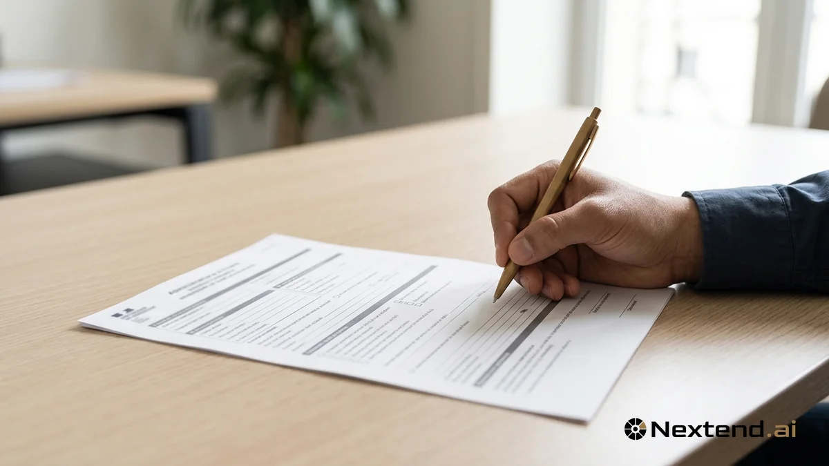 Formulaire administratif vierge sur un bureau, une main tenant un stylo prête à le remplir