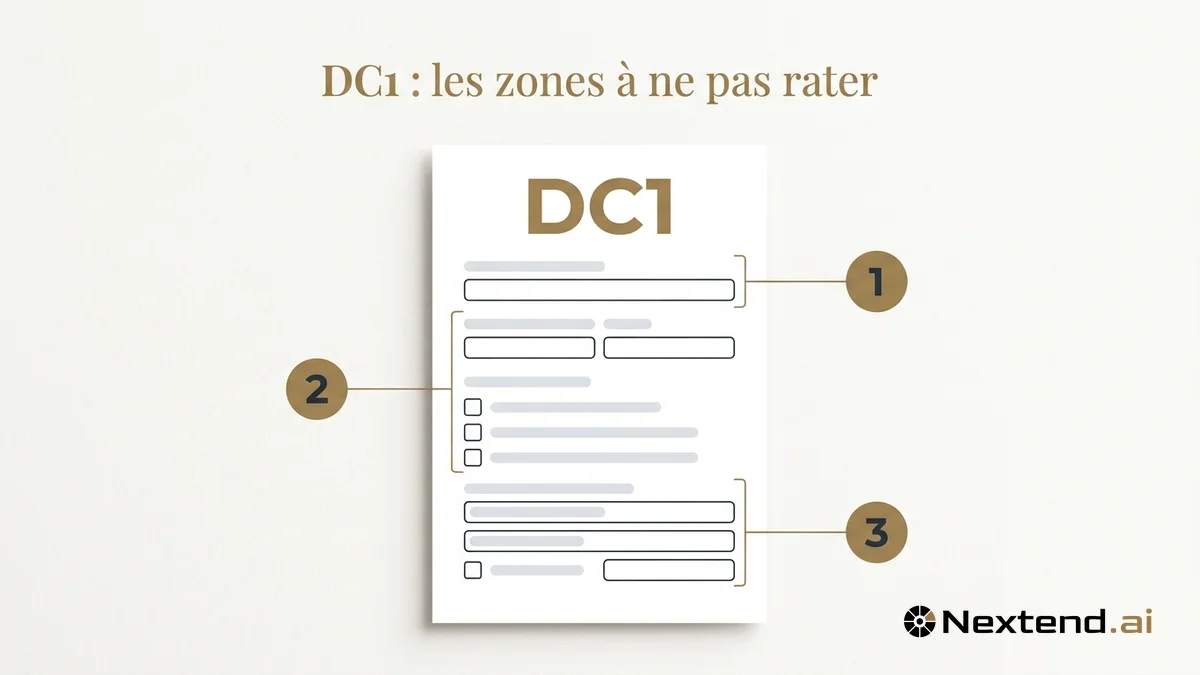 Illustration d'un formulaire DC1 vierge avec trois pastilles numérotées signalant les zones à ne pas rater