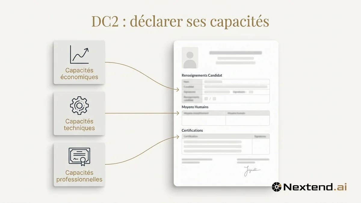 Infographie du formulaire DC2 alimenté par trois blocs capacités économiques, techniques et professionnelles