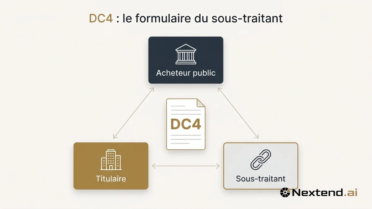 Schéma triangulaire reliant acheteur public, titulaire et sous-traitant autour du formulaire DC4 de sous-traitance
