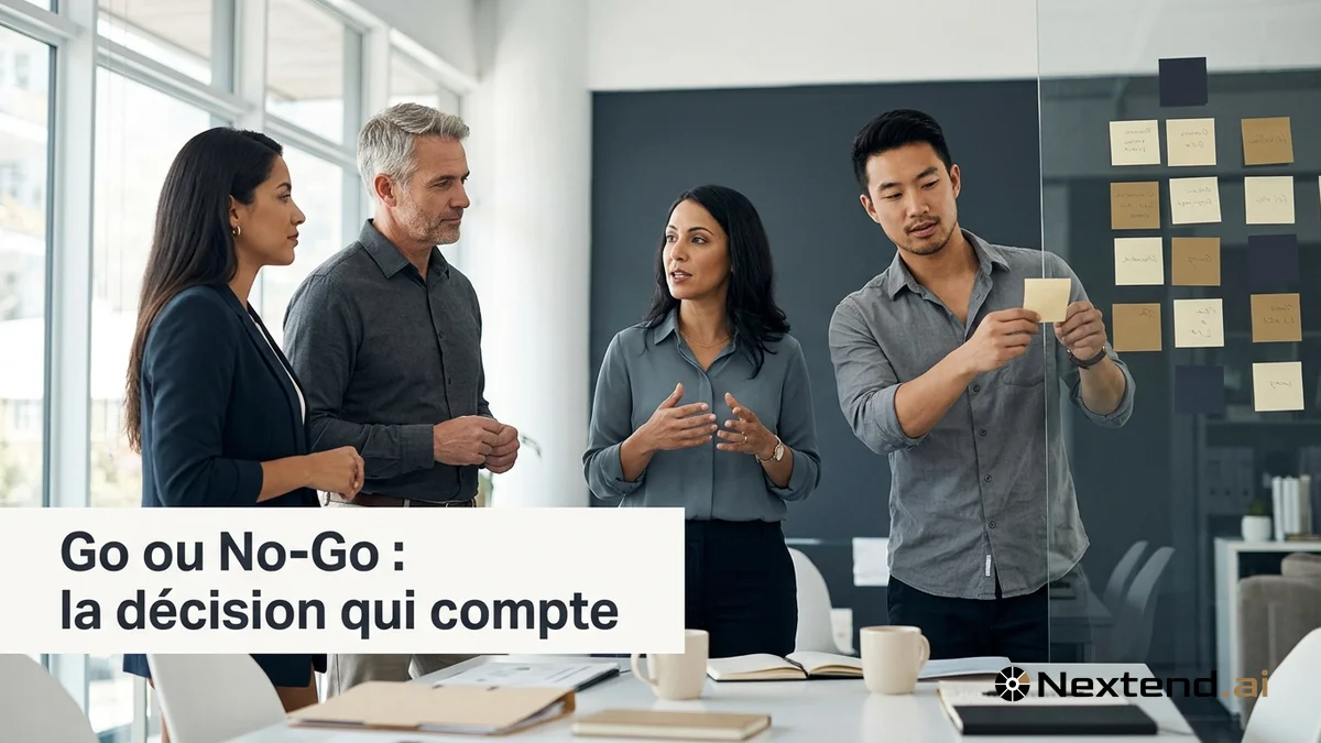 Équipe commerciale organise des post-its sur un mur de verre pour trancher une décision Go ou No-Go