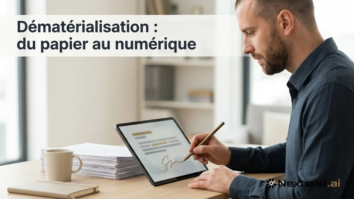 Professionnel appose une signature numérique sur une tablette tactile à côté d'une pile de documents papier