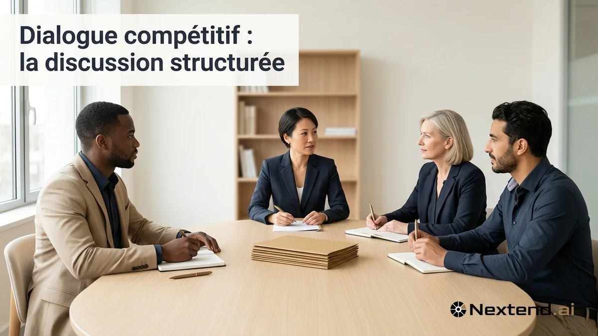 Acheteuse publique échange avec trois candidats autour d'une table ovale lors d'un dialogue compétitif