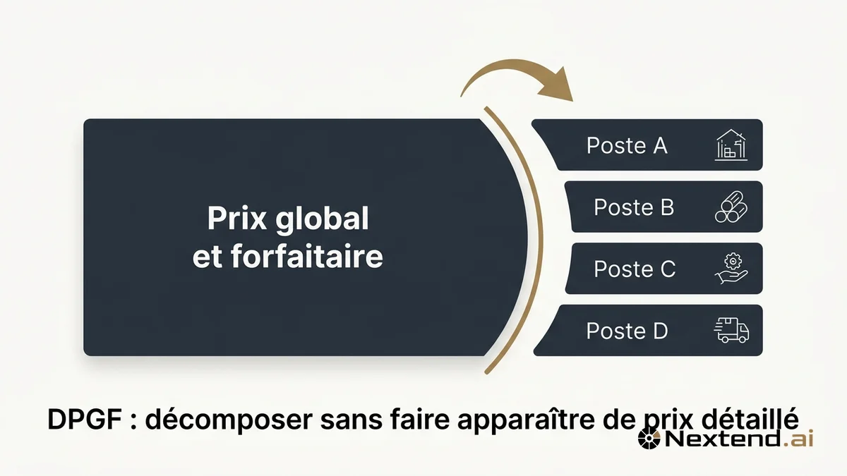 Grand rectangle prix global et forfaitaire découpé par une flèche courbe en quatre postes distincts