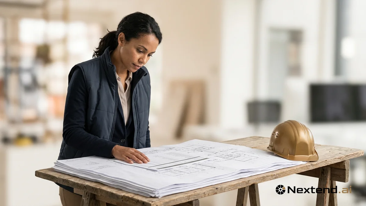 Conductrice de travaux vérifiant un tableau de prix imprimé posé sur des plans, casque de chantier à côté