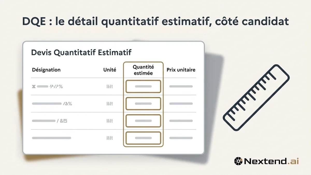 Mockup d'un tableau DQE mettant en évidence la colonne quantité estimée à côté d'une règle graduée