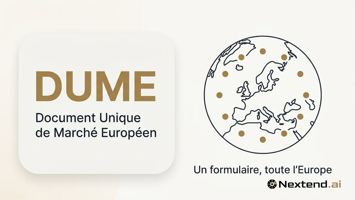 Infographie du DUME avec un globe stylisé centré sur l'Europe entouré de douze points évoquant le formulaire européen