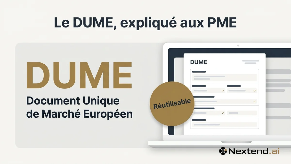 Infographie du DUME avec carte Document Unique de Marché Européen et écran affichant un formulaire pré-rempli