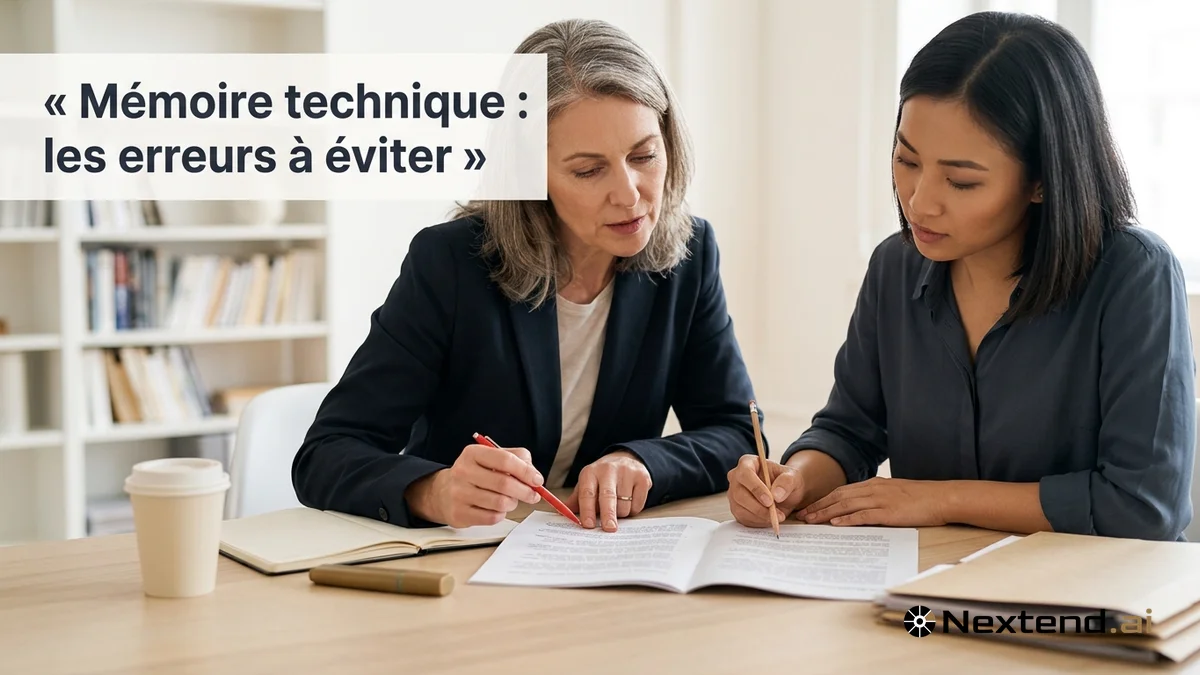 Deux consultantes relisent un mémoire technique imprimé stylo rouge et surligneur en main sur un bureau clair
