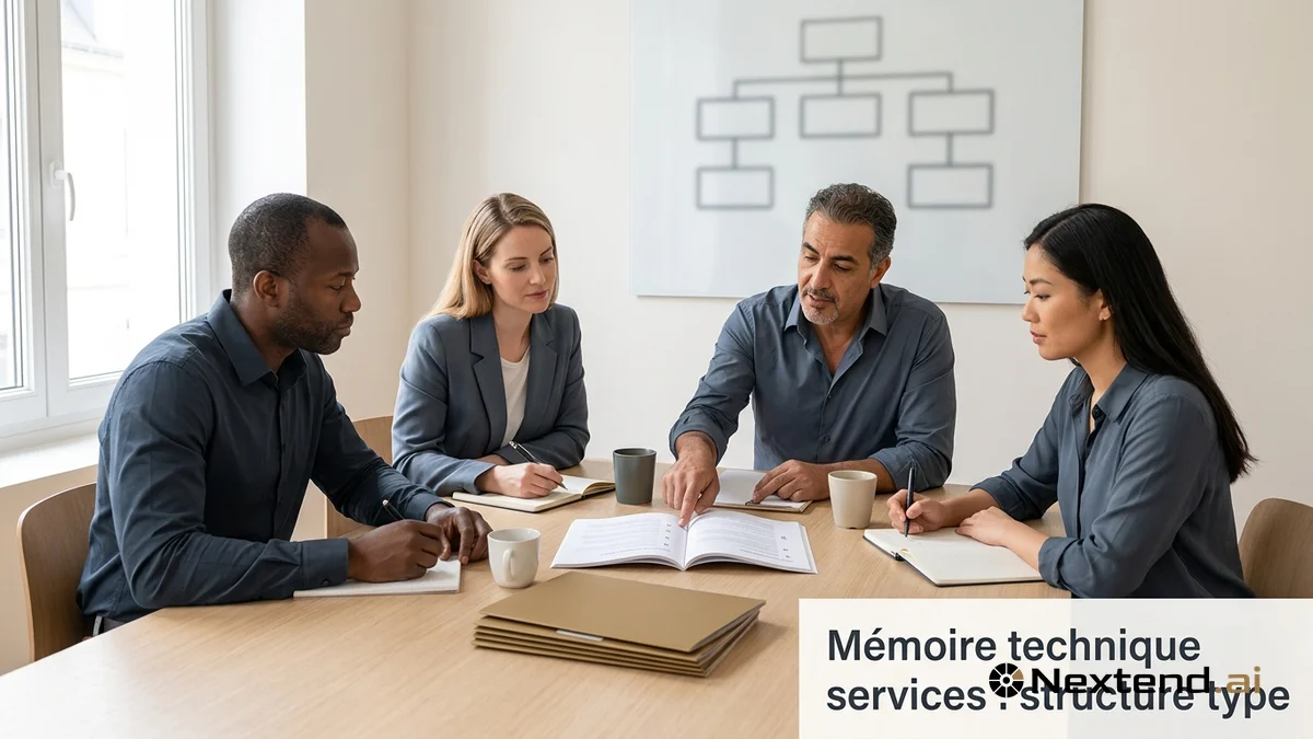 Équipe conseil de quatre personnes analyse un mémoire technique de services autour d'une table de réunion