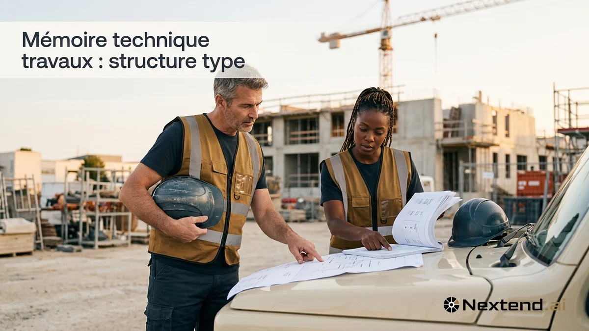 Binôme BTP étudie plan et mémoire technique travaux posés sur le capot d'un véhicule utilitaire en bord de chantier