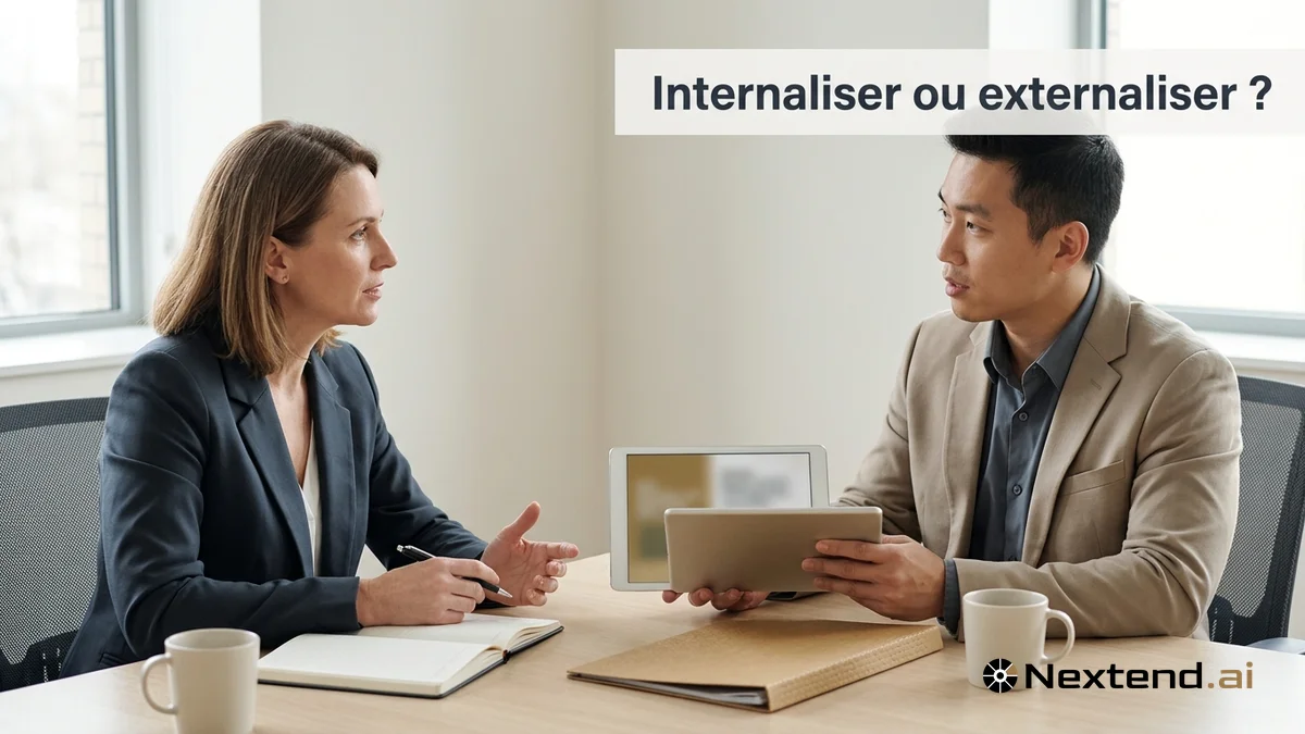 Dirigeante et prestataire externe discutent d'externalisation de réponses AO autour d'une tablette sur une table en bois