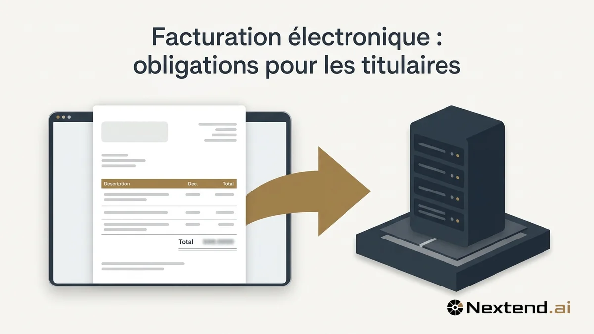 Mockup d'une facture électronique dématérialisée reliée par une flèche à une plateforme serveur stylisée