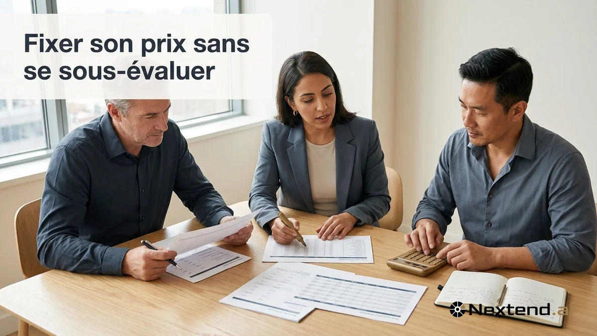 Trois dirigeants de PME chiffrent une offre autour d'une calculatrice et de tableurs imprimés dans un bureau moderne