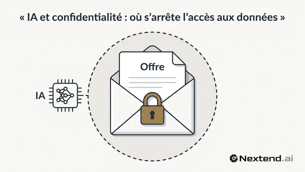 Illustration d'une offre scellée par un cadenas dans un périmètre pointillé bloquant l'accès d'une icône IA