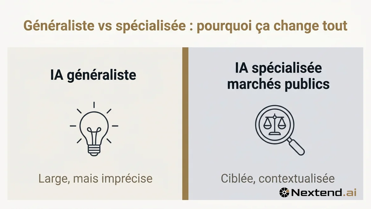 Infographie comparative opposant IA généraliste ampoule diffuse et IA spécialisée marchés publics loupe ciblée