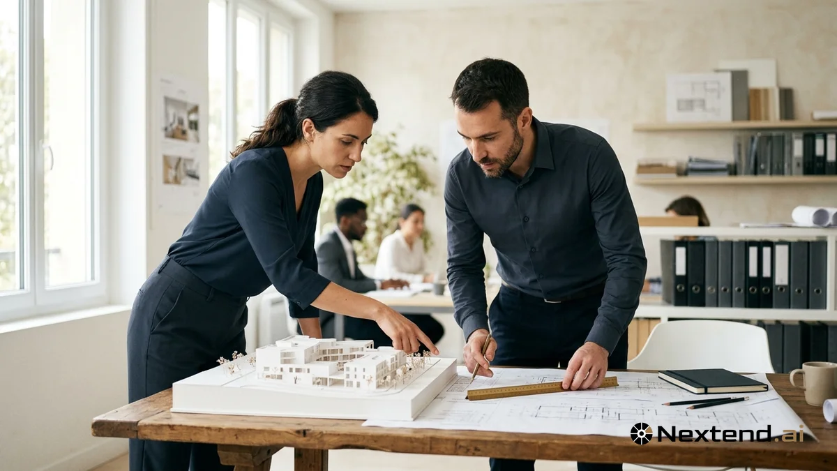 Architecte et ingénieur penchés sur une maquette blanche et des plans dans une agence lumineuse
