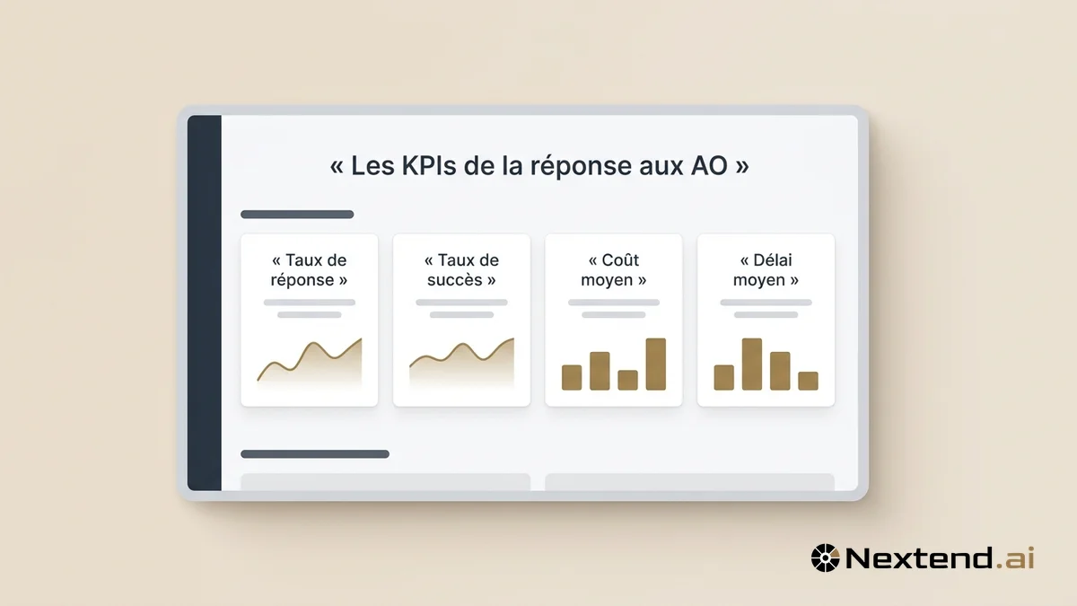 Mockup de dashboard sobre avec quatre cartes KPI appels d'offres et mini-courbes de progression