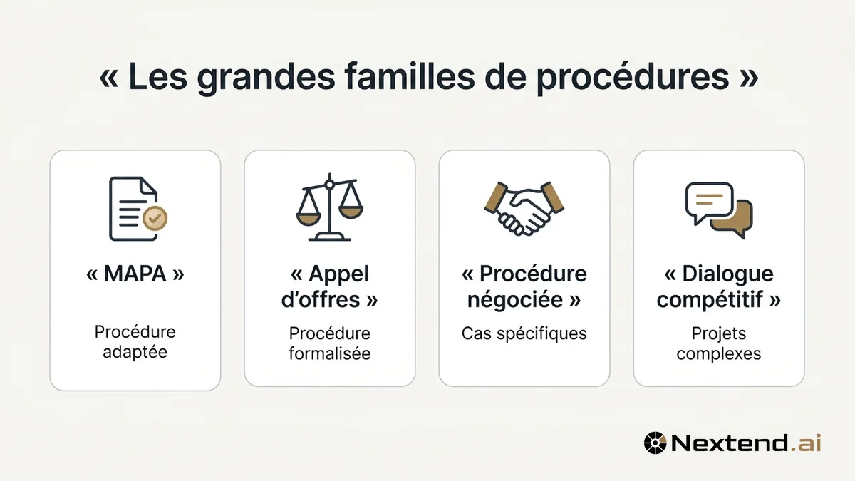 Quatre cartes alignées présentant MAPA, appel d'offres, procédure négociée et dialogue compétitif avec icônes dédiées