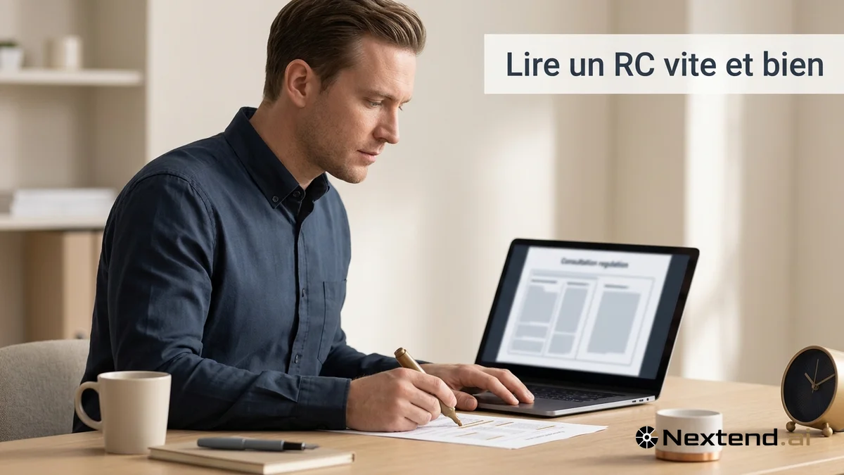 Professionnel lit un règlement de consultation à l'écran et annote une impression au surligneur doré