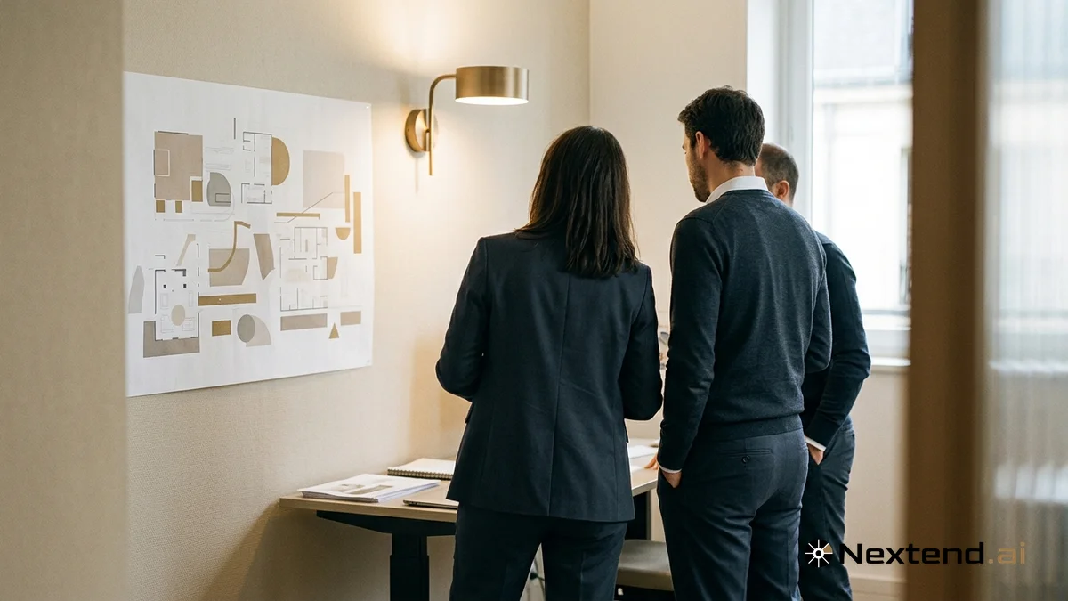Trois professionnels de dos regardant ensemble un grand plan affiché au mur d'un bureau