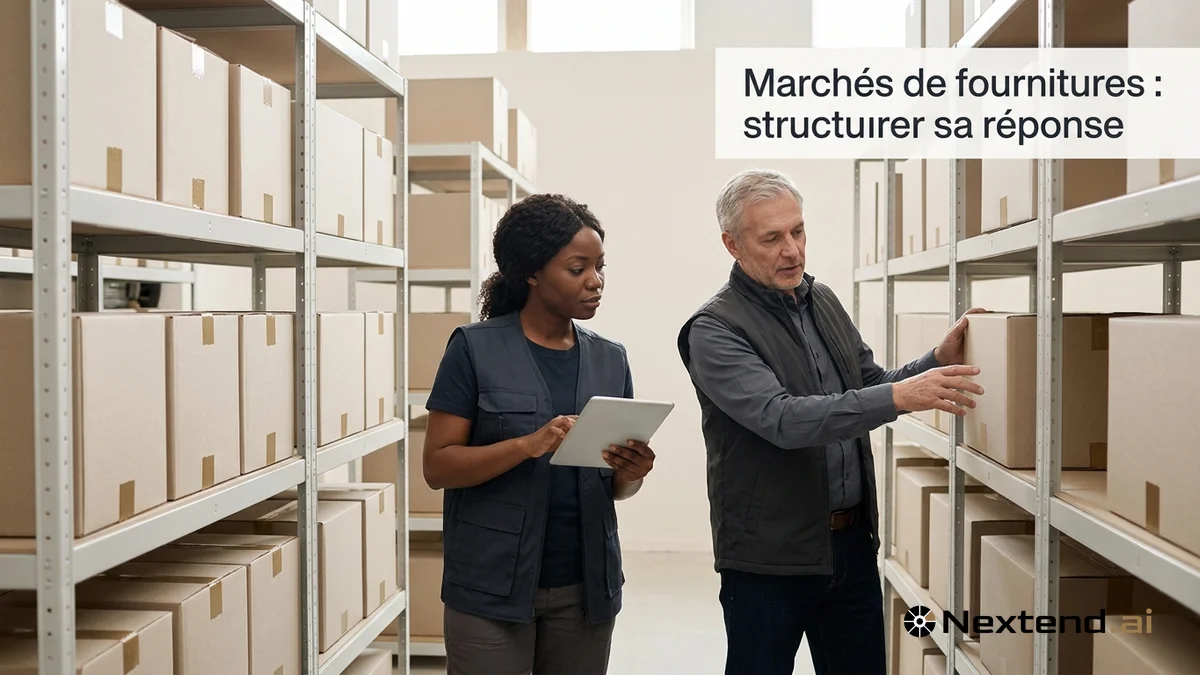 Deux opérateurs logistiques gèrent le stock de cartons étiquetés dans un entrepôt aux rayonnages clairs