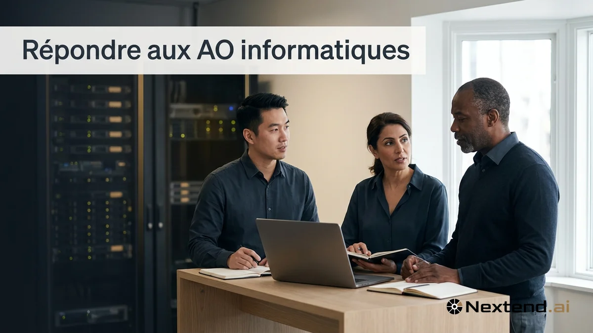 Trois profils IT discutent autour d'un ordinateur portable devant une baie de serveurs floutée en salle technique