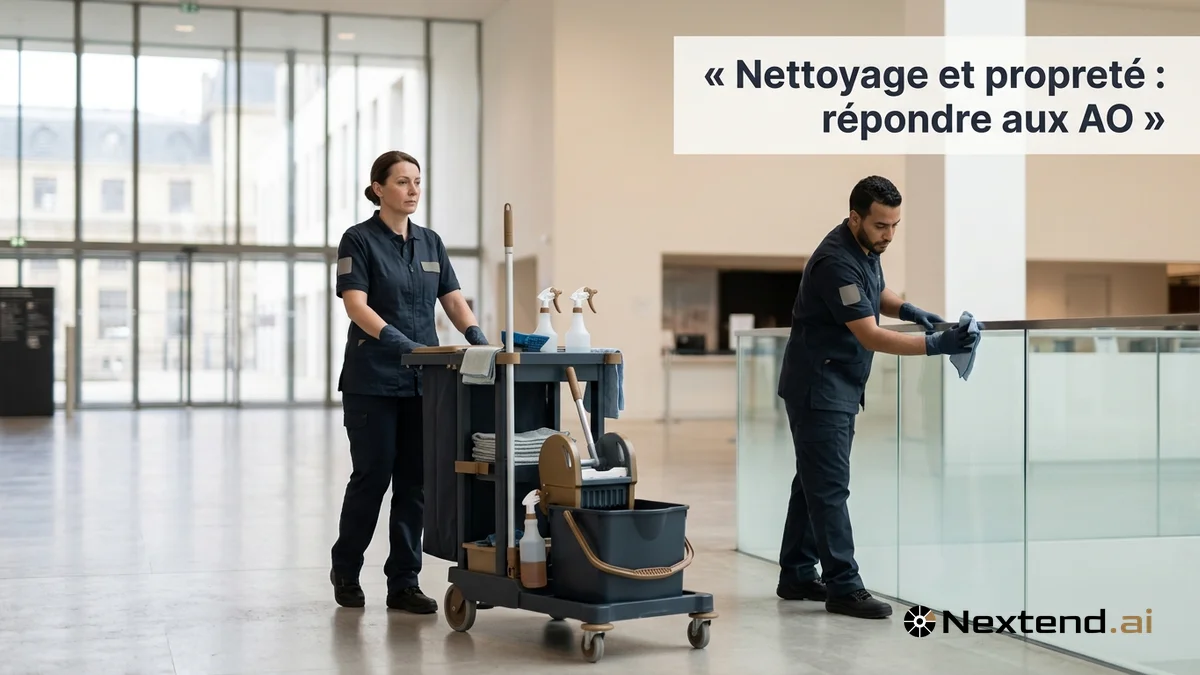 Deux agents de propreté en uniforme entretiennent le hall d'entrée d'un bâtiment public avec chariot de nettoyage